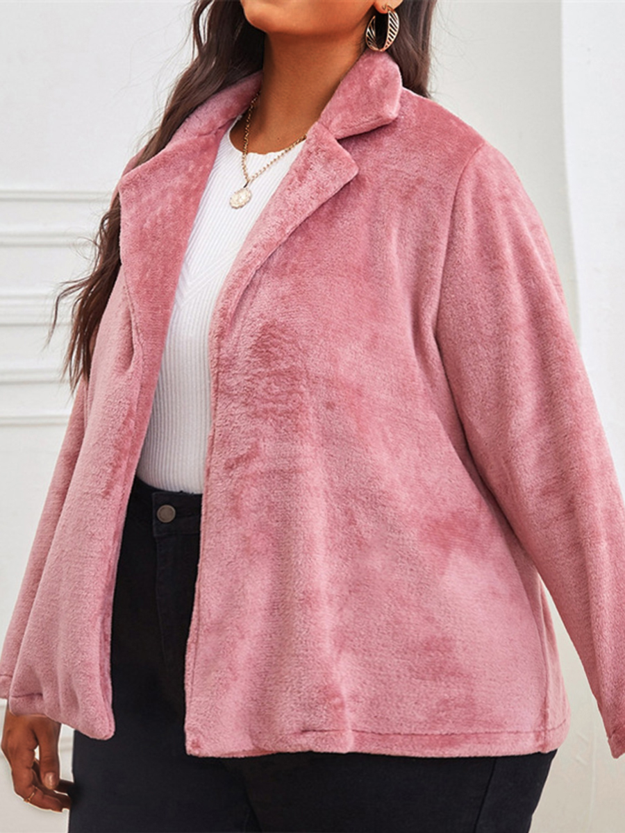 

LW Plus Size Lapel Neck Solid Color Teddy Jacket, Pink