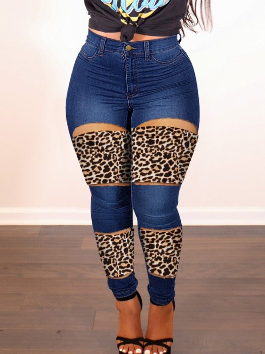 

LW Stretchy Ripped Leopard Print Skinny Jeans, Deep blue