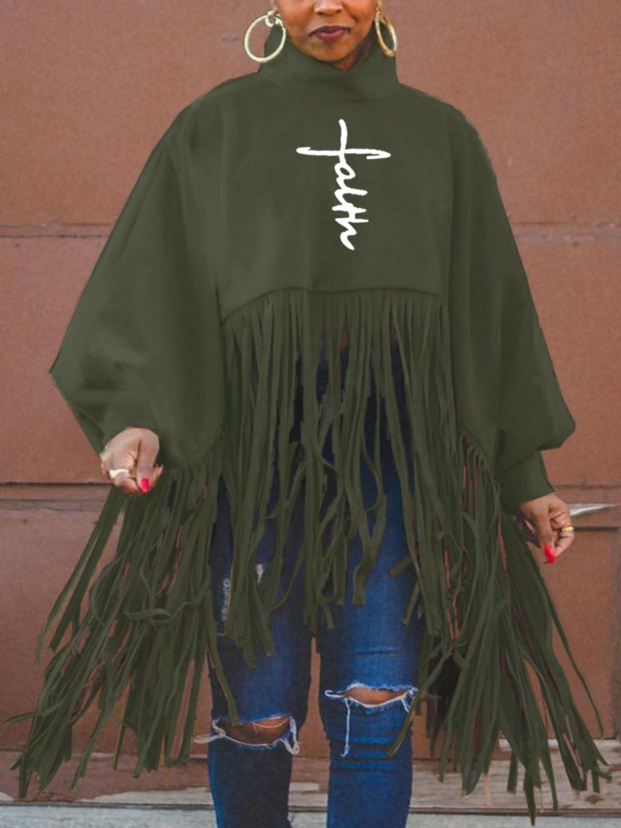 

LW Plus Size Letter Print Tassel Design Blouse, Army green
