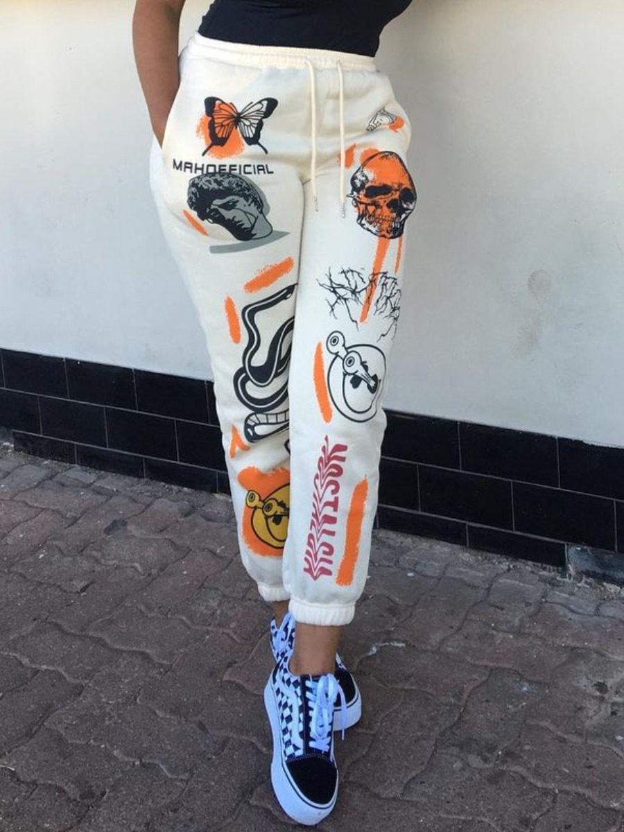 LW Letter Skull Head Print Drawstring Sweatpants (With Velvet Inside Lining)