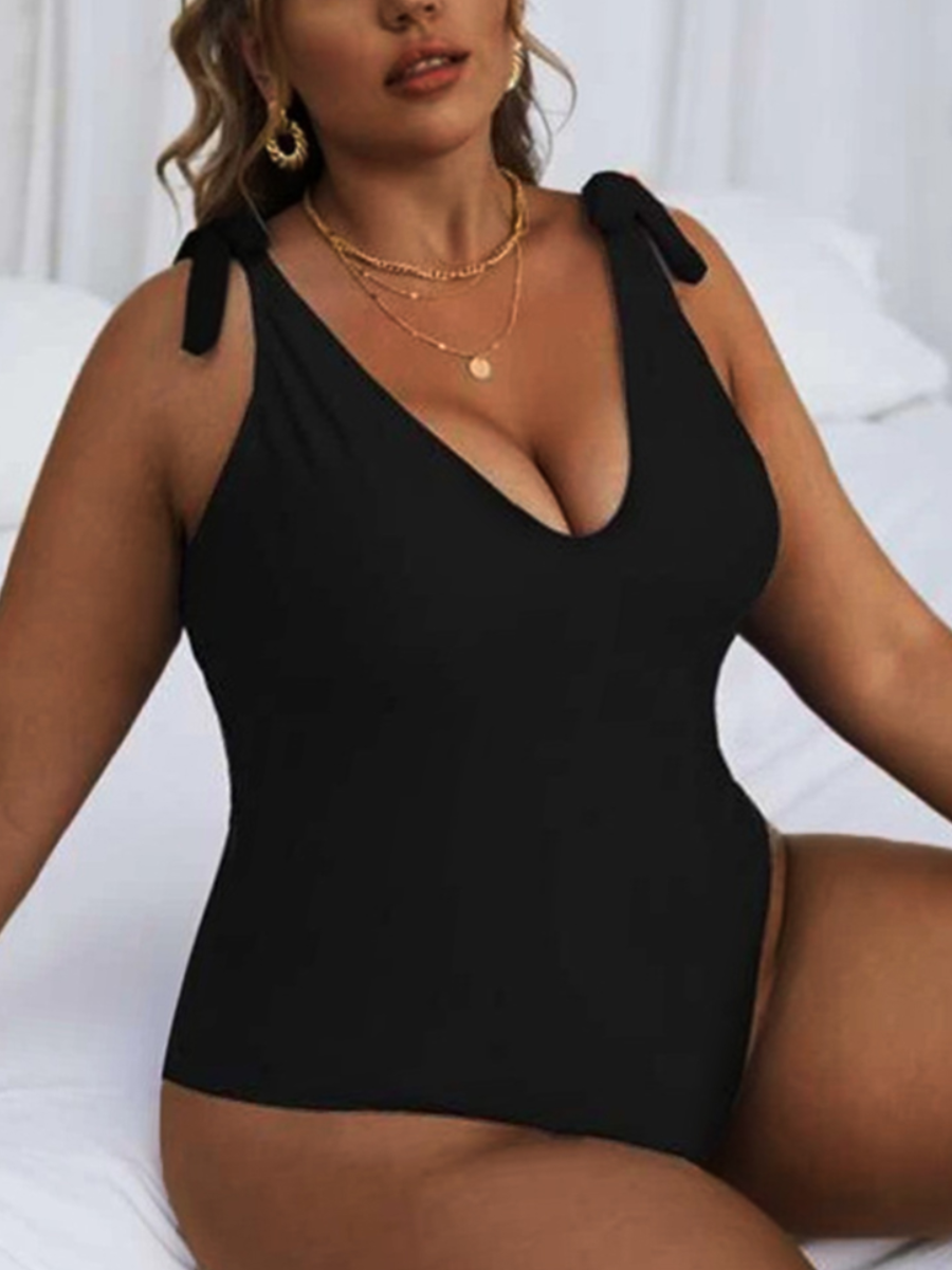 

LW Plus Size V Neck Tie Sleeve Solid One-piece Swimsuit, Black