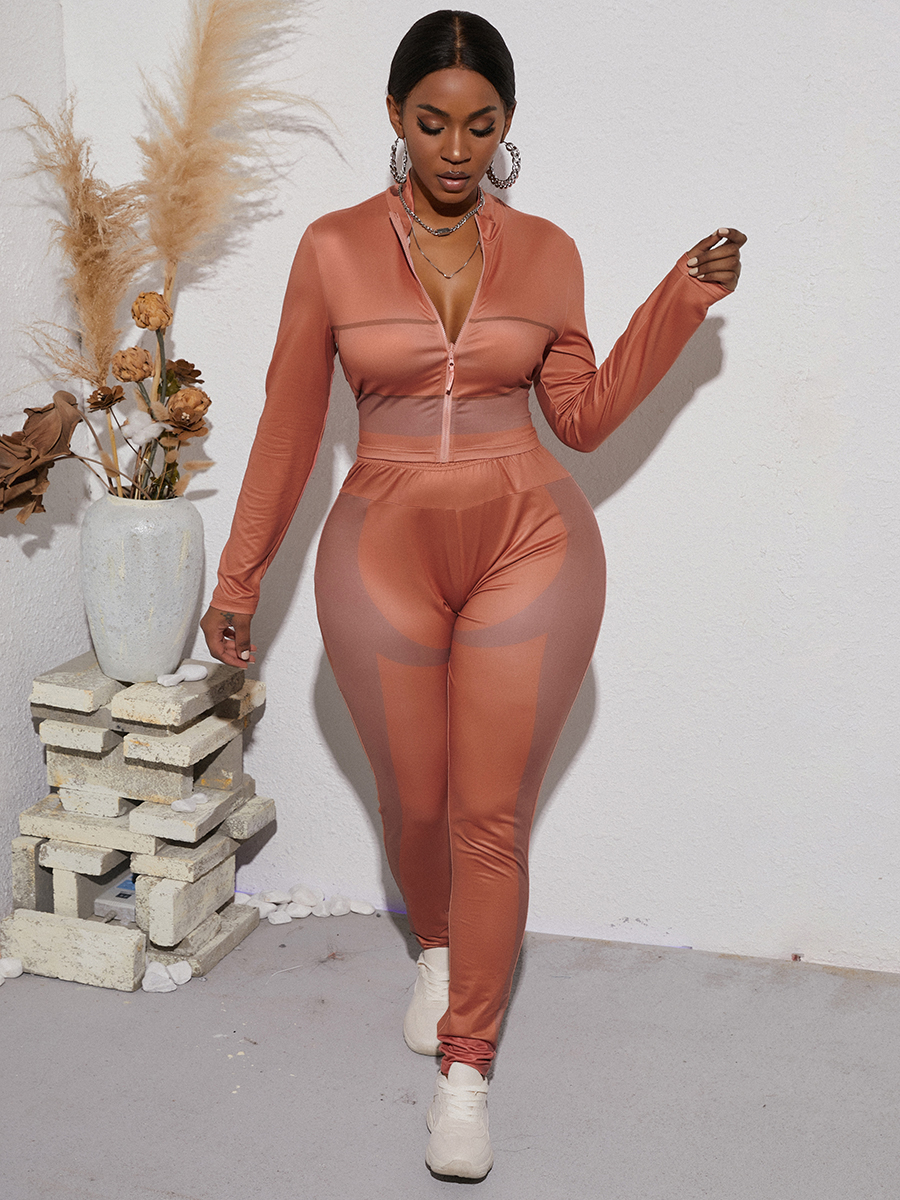 

LW Zipper Design Skinny Tracksuit Set, Brown