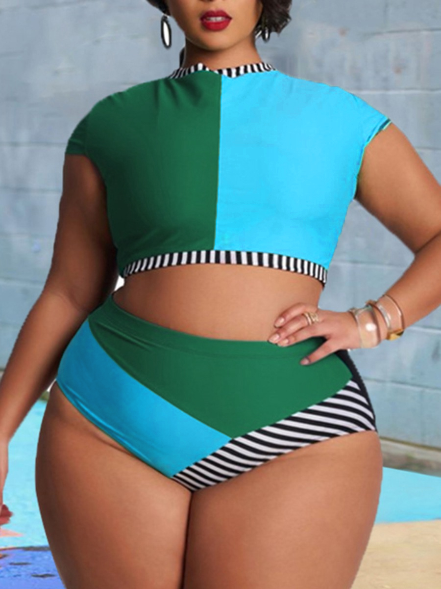 

LW Plus Size Color Block Striped Tankini, Green