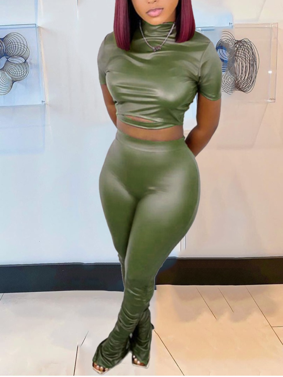 

LW Leather Crop Top Ruched Pants Set, Green
