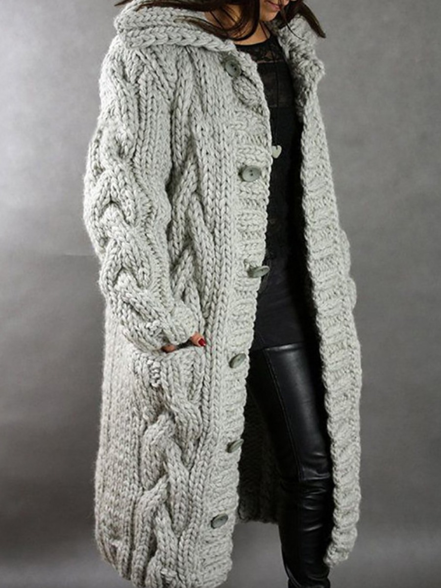

LW Hooded Collar Button Design Cardigan, Grey