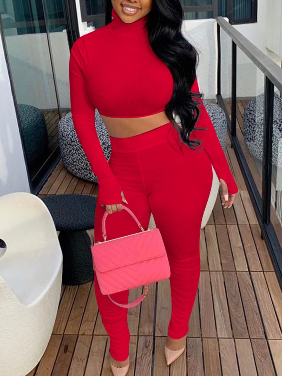 

LW BASICS Rib-Knit Crop Top Pants Set, Red
