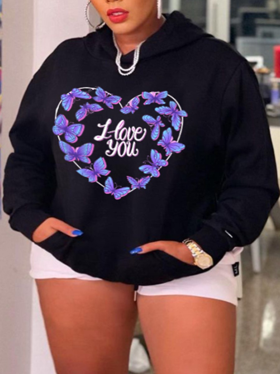 

LW Plus Size Butterfly Letter Print Hoodie, Black