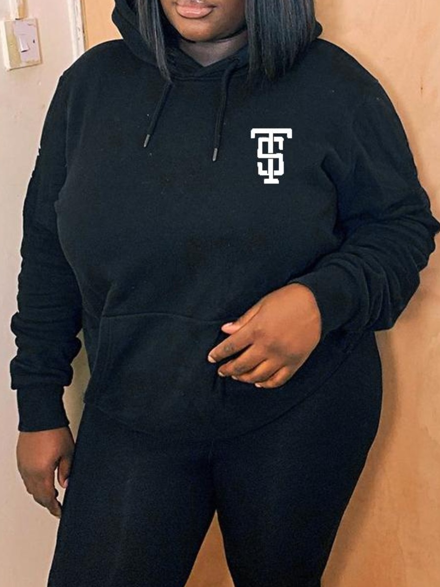 

LW Letter Print Kangaroo Pocket Oversized Hoodie, Black