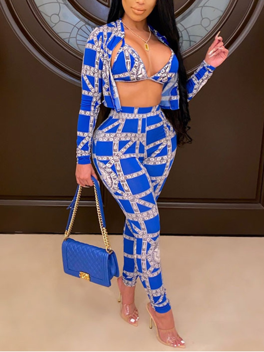 

LW SXY Money Mixed Print Cardibra Three Piece Pants Set, Blue