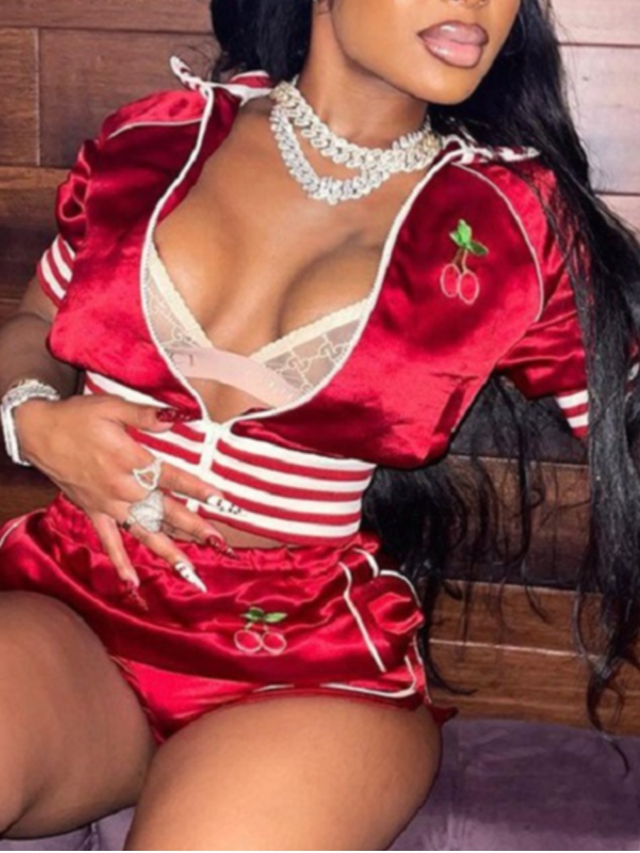 

LW Striped Zipper Design Shorts Set, Red