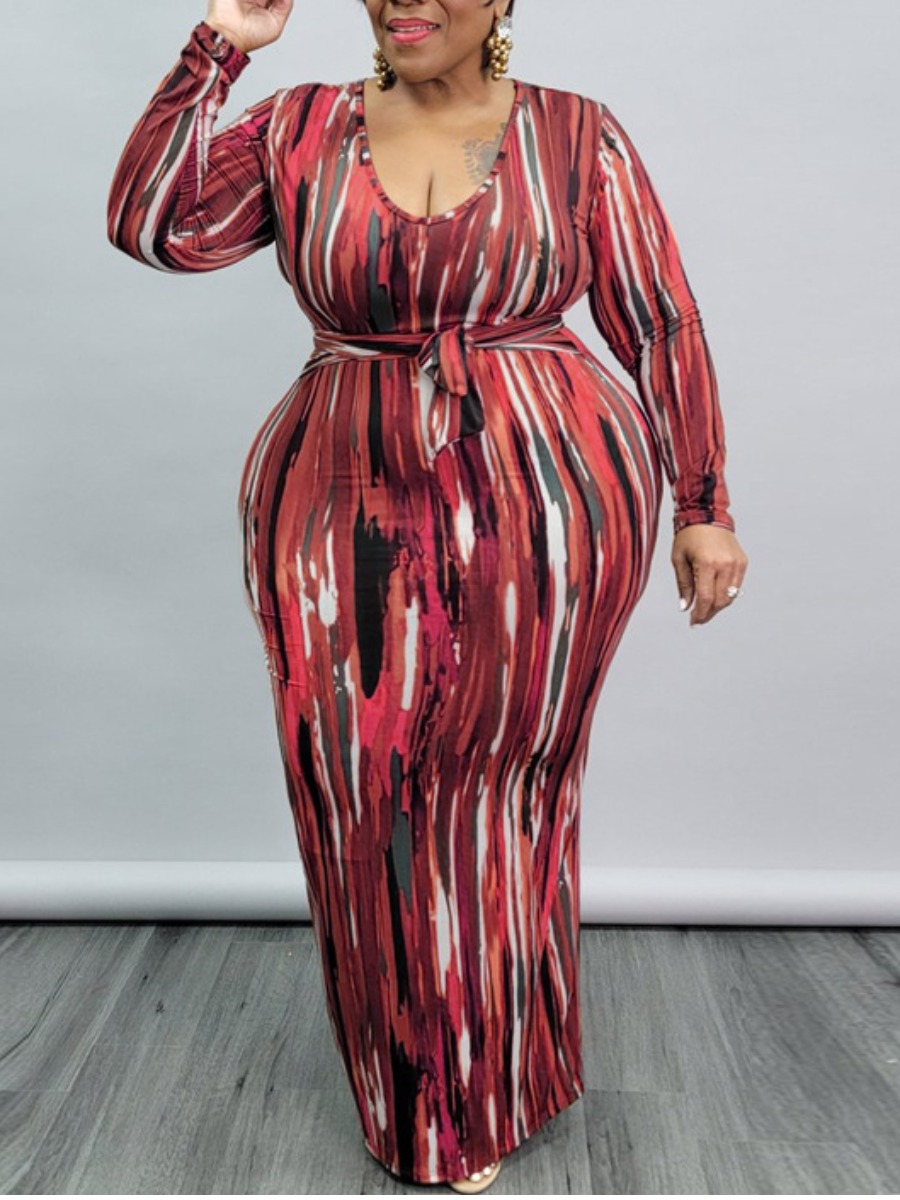 

LW Plus Size Scoop Neck Waist Belt Bodycon Dress, Red
