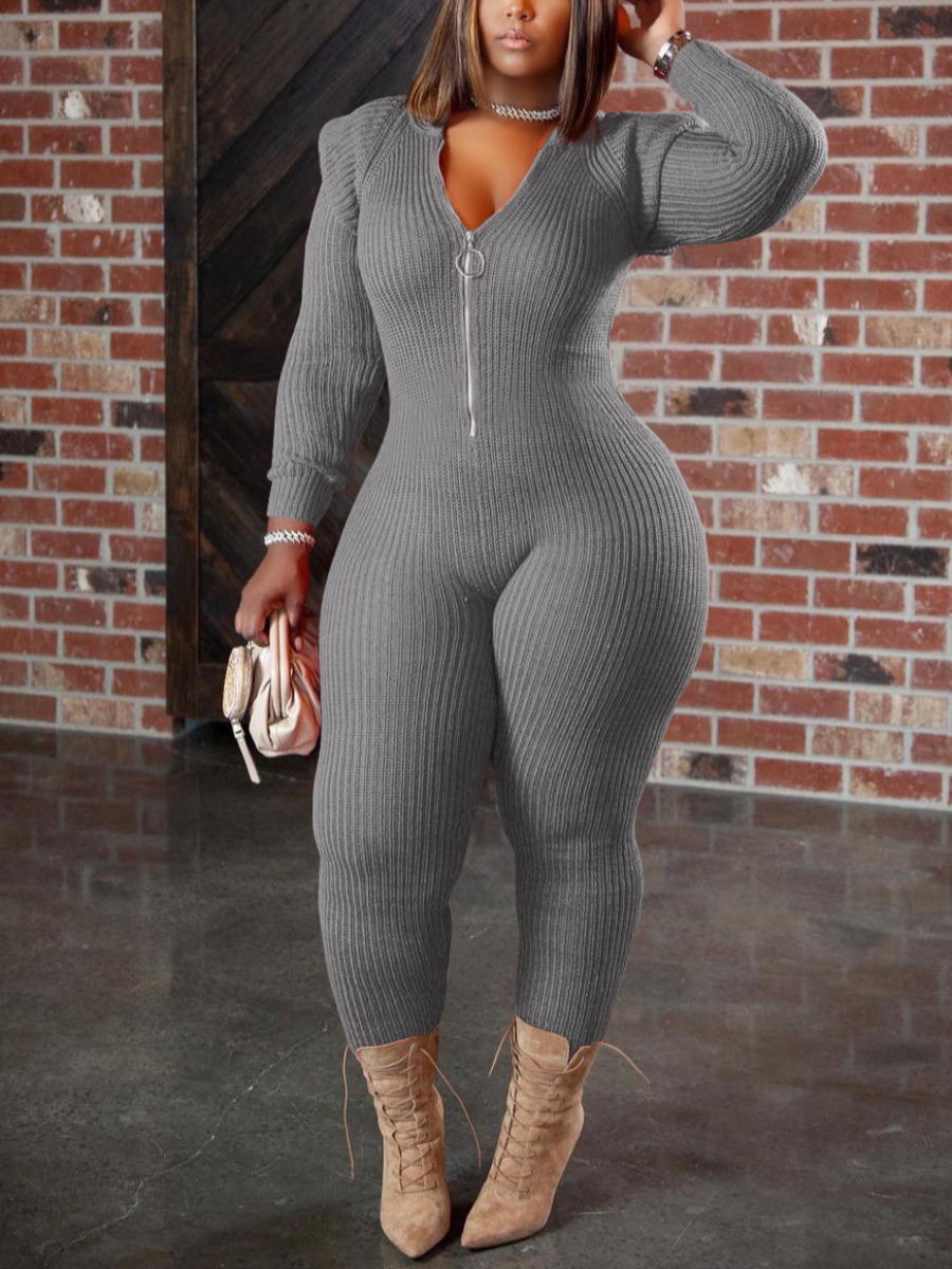 

LW COTTON Zipper Design Rib-Knit Jumpsuit, Grey