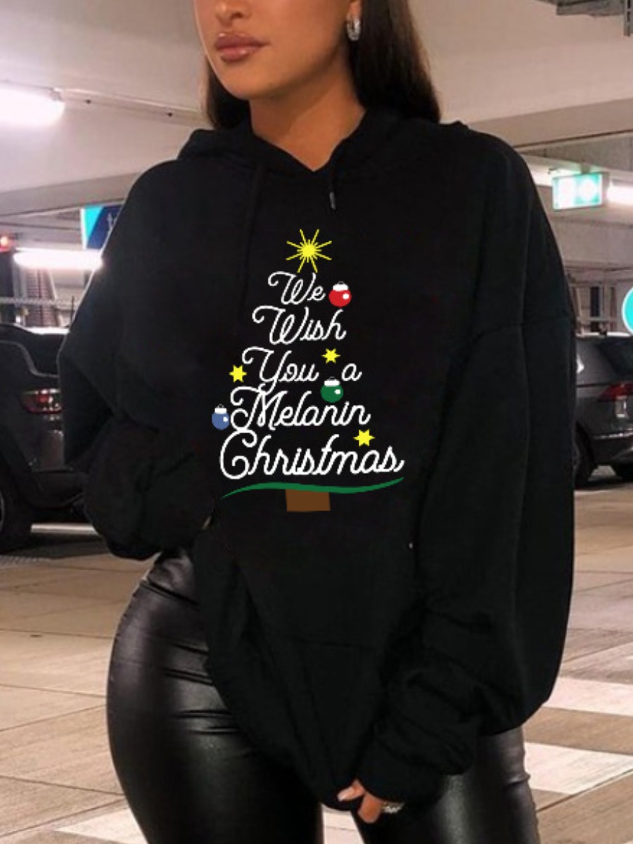 

LW Plus Size Star Letter Print Oversized Hoodie, Black