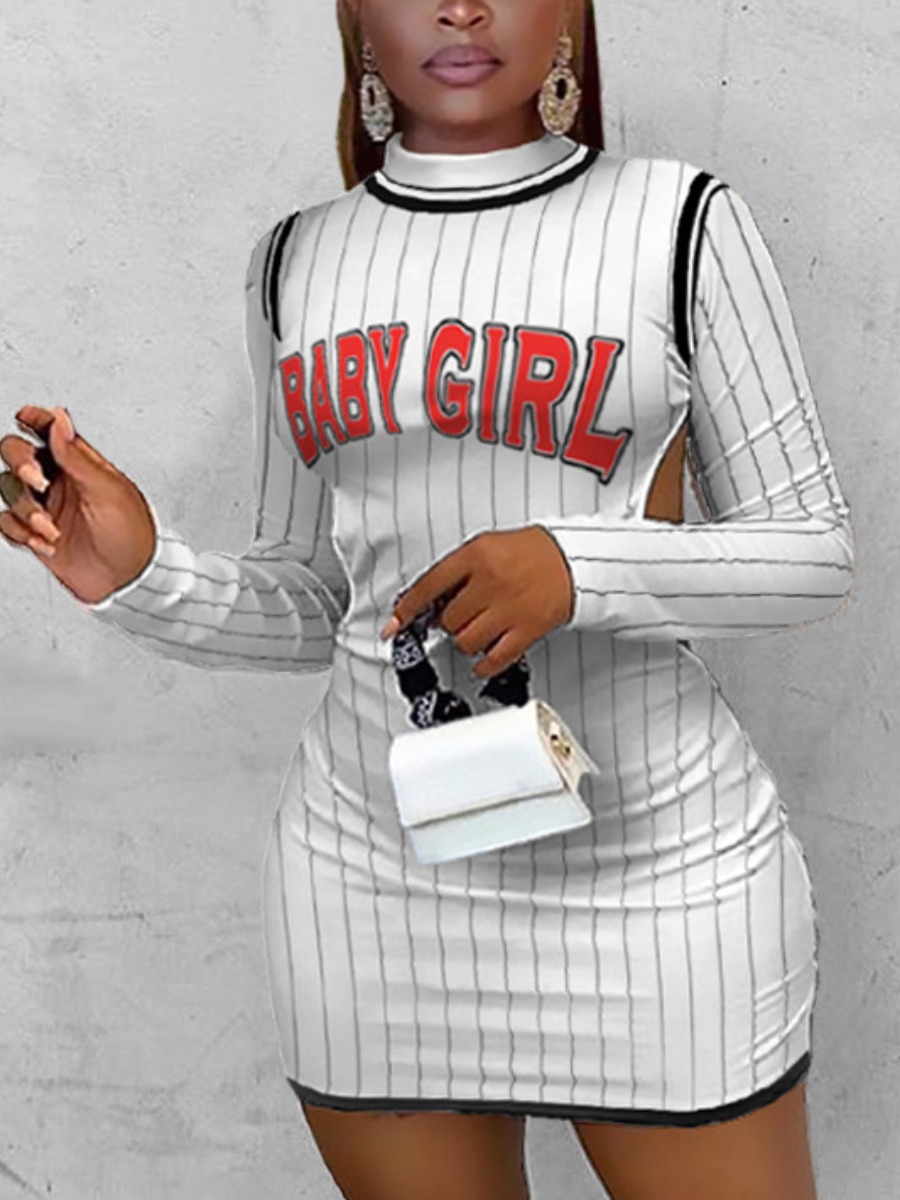 

LW SXY Letter Print Striped Backless Bodycon Dress, White