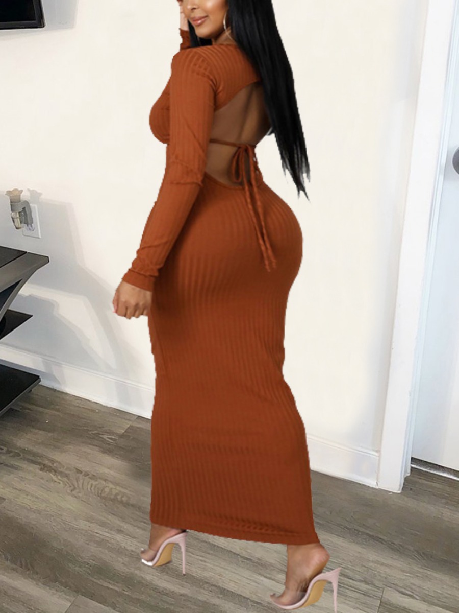 

LW SXY Rib-Knit Backless Bodycon Dress, Brown