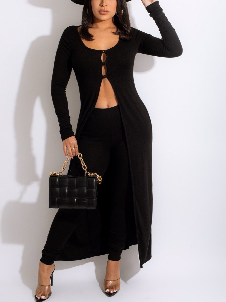 

LW U Neck Split Front Pants Set, Black