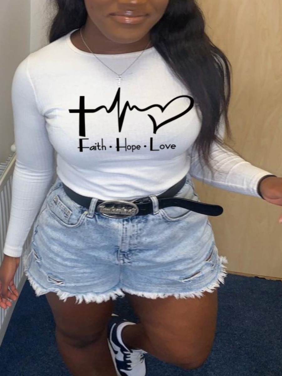 

LW COTTON Plus Size Heart Letter Print T-shirt, White