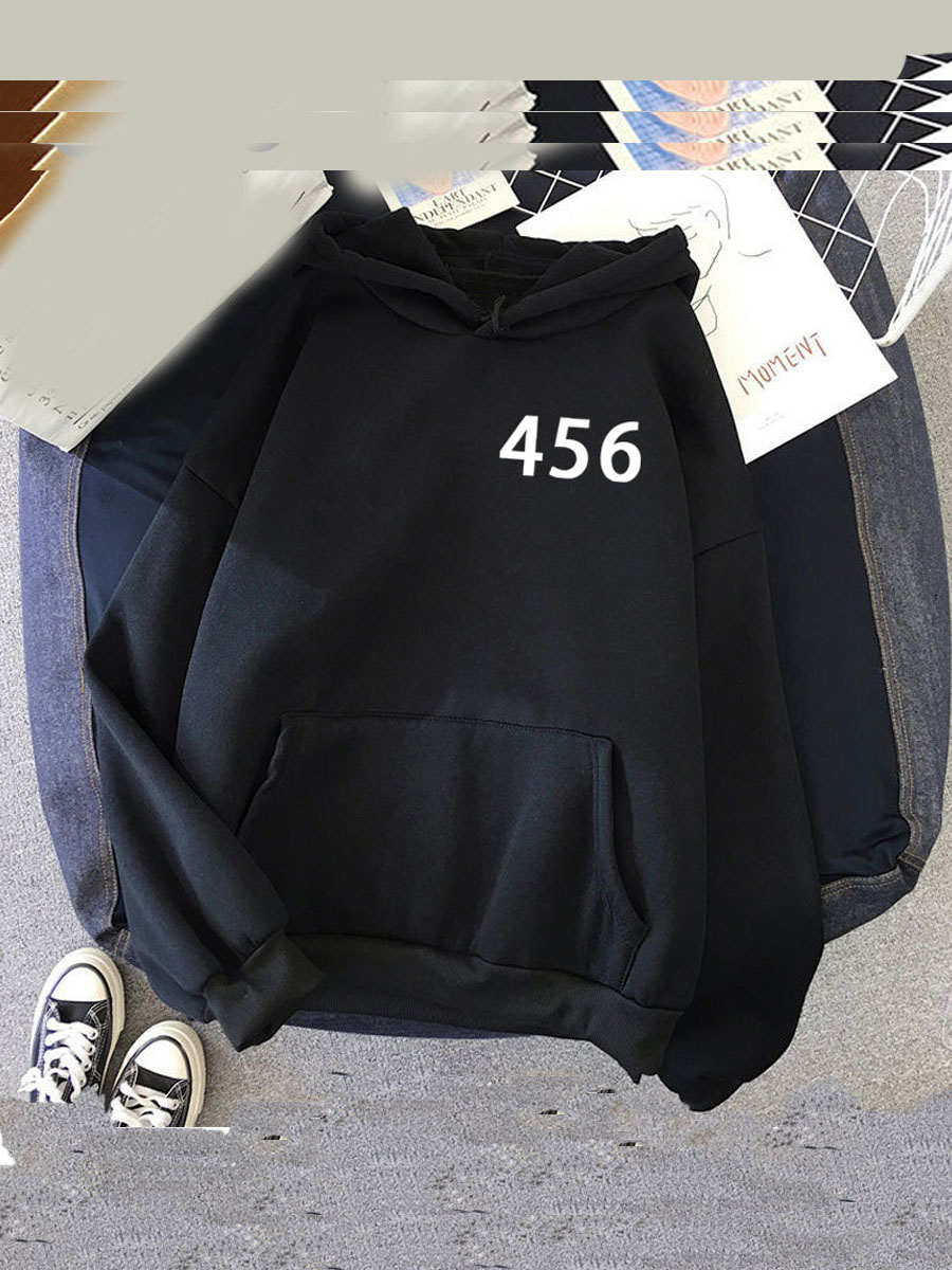 

LW Letter Print Kangaroo Pocket Hoodie, Black
