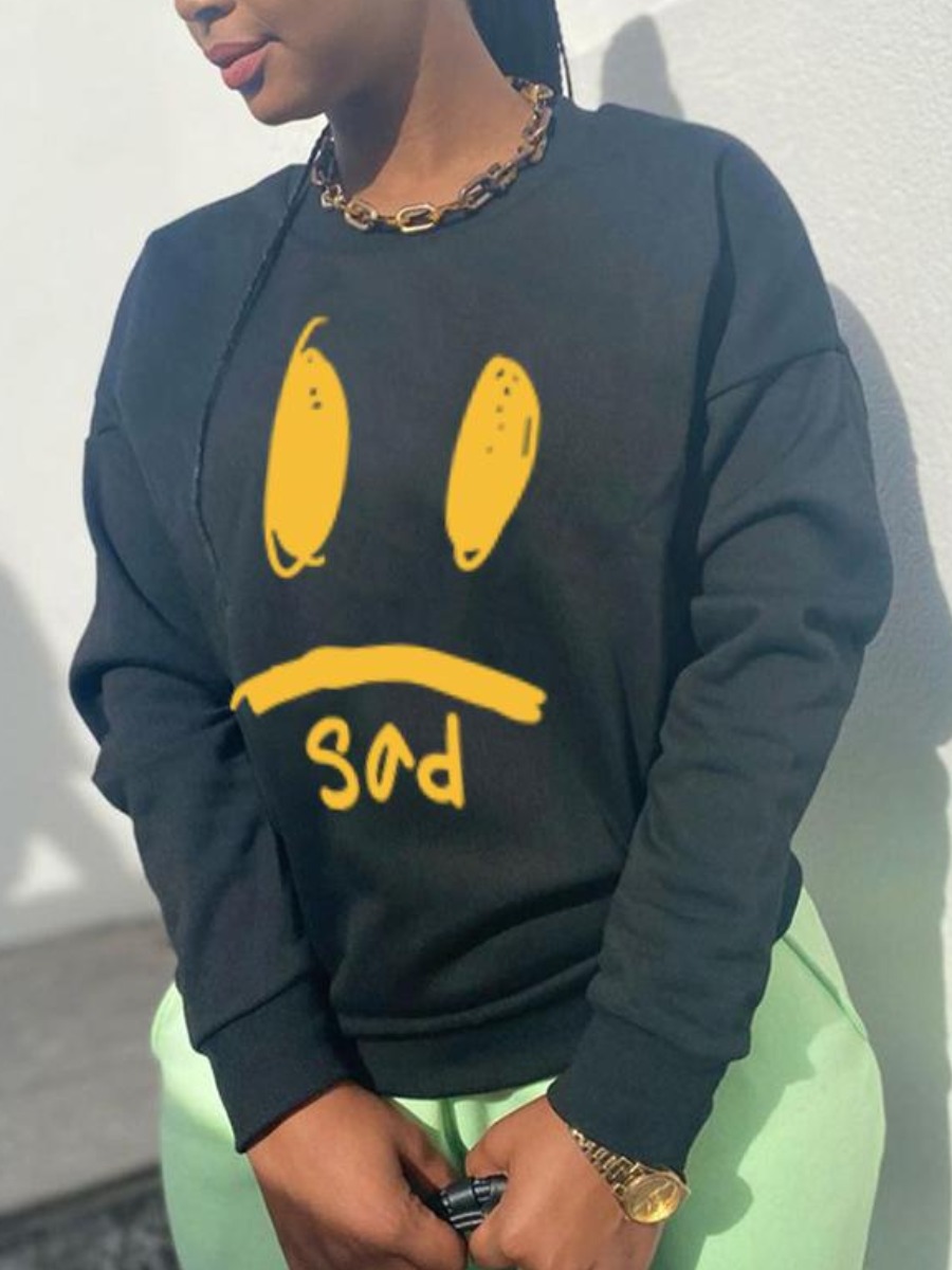 

LW Round Neck Letter Print Sweatshirt, Black