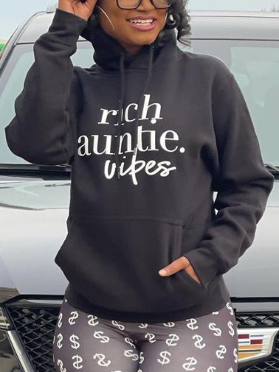 

LW Letter Print Kangaroo Pocket Oversized Hoodie, Black