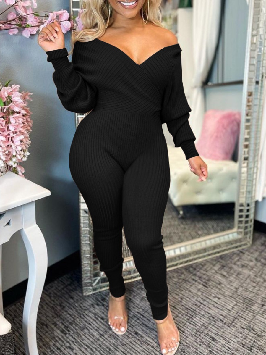 

LW SXY V Neck Rib-Knit Jumpsuit, Black