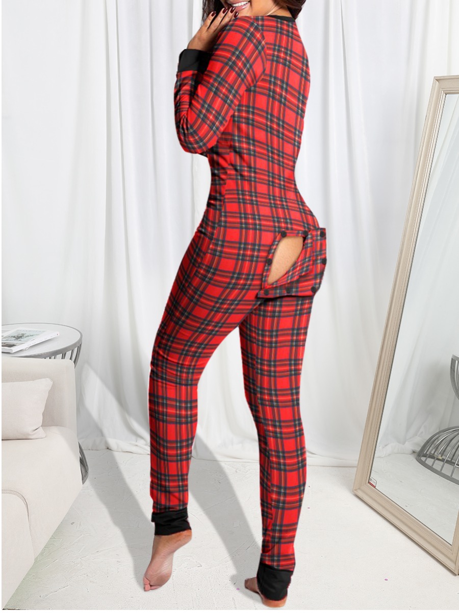 

LW BASICS V Neck Plaid Print Jumpsuit, Red and black check