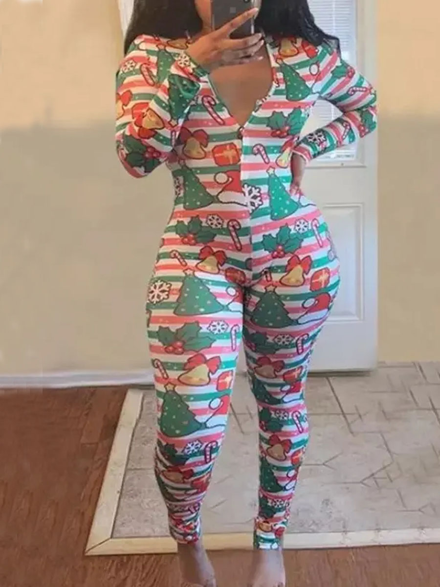 

LW Round Neck Christmas Print Skinny Jumpsuit, Multi