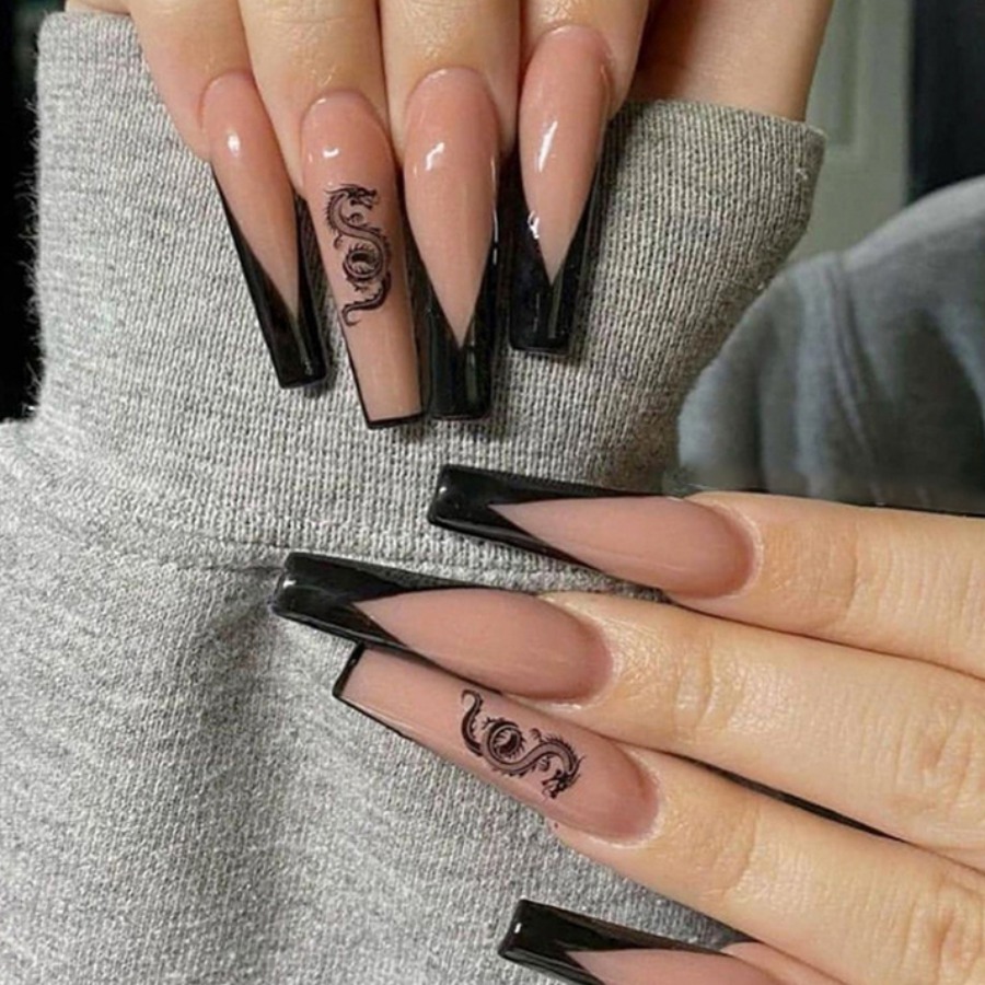 

LW Dragon Print False Nails, Black