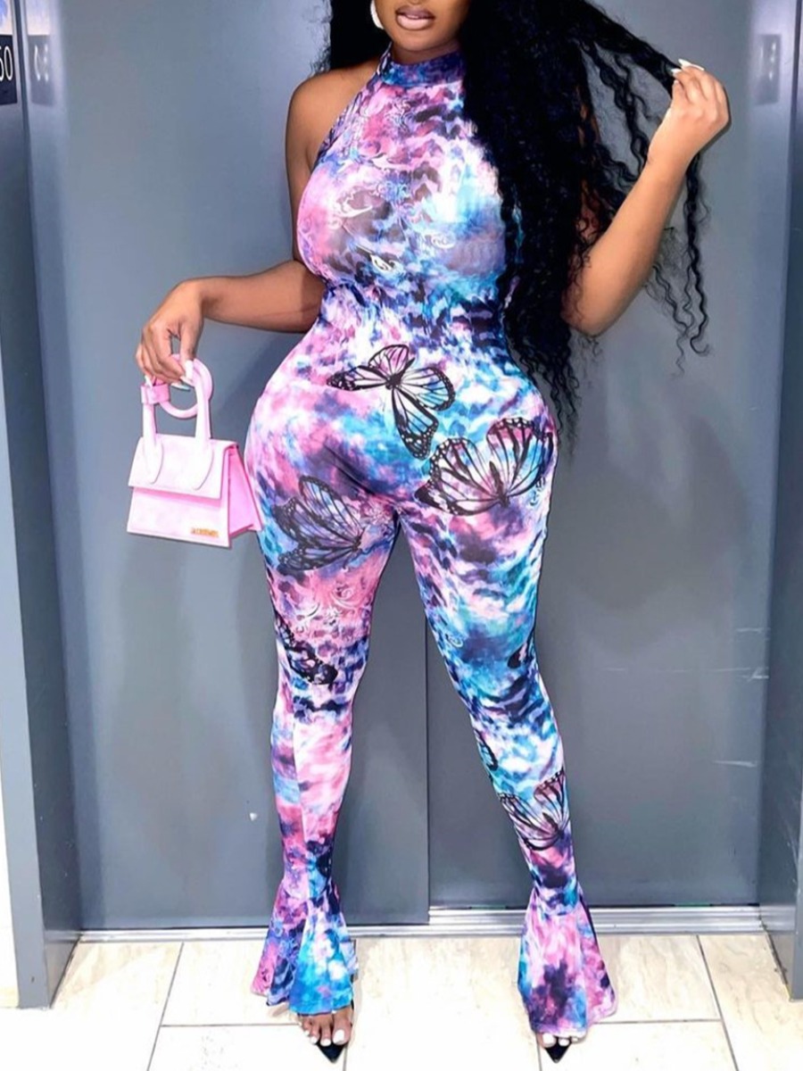 

LW SXY Butterfly Print Tie-dye Jumpsuit, Pink