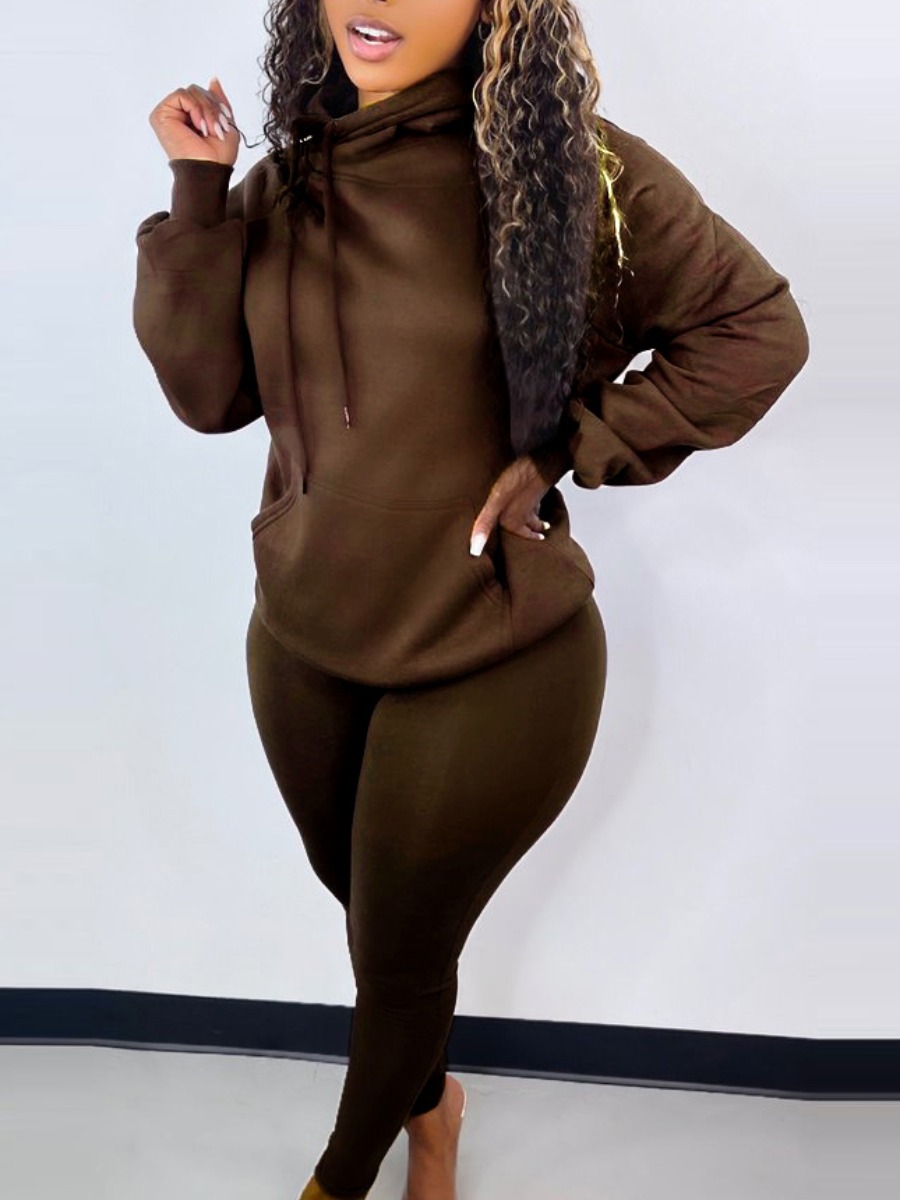

LW BASICS Drawstring Pocket Design Solid Tracksuit Set, Brown