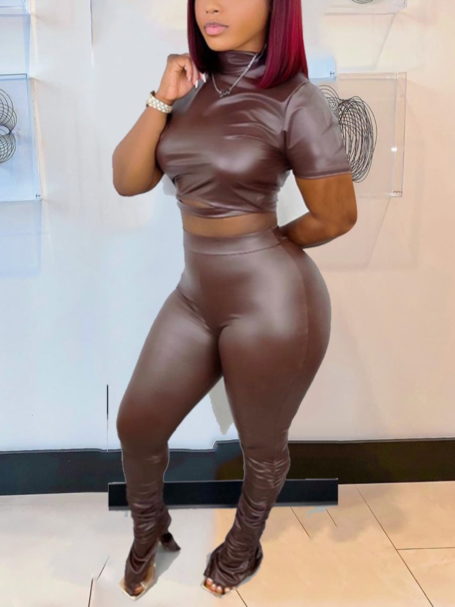 

LW Leather Crop Top Ruched Pants Set, Coffee