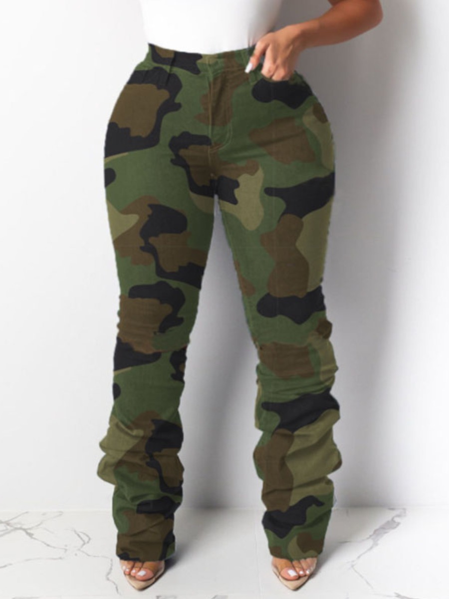 

LW Plus Size Camo Print Stacked Jeans, Army green camouflag