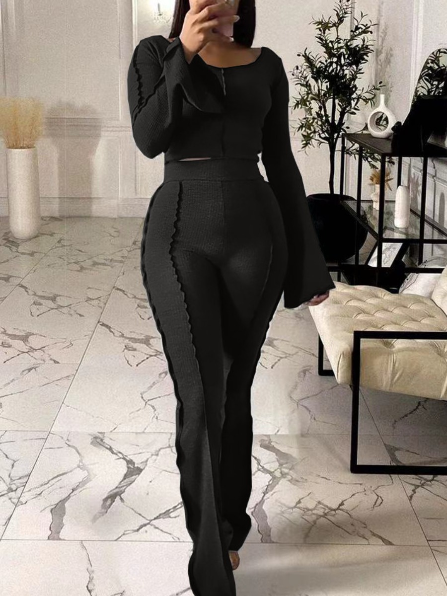 LW Line Stitching Flared Pants Set, Black