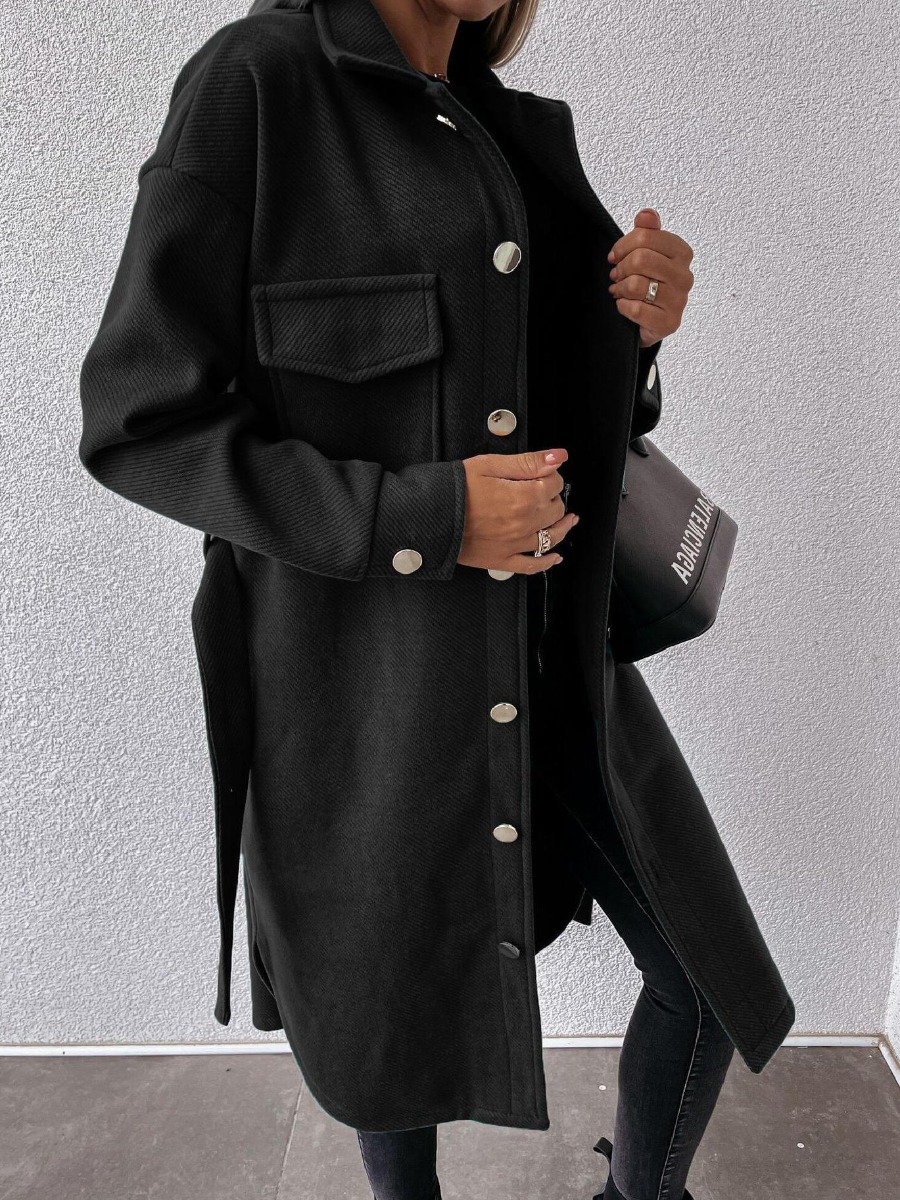

LW Pocket Design Breasted Wool Overcoat, Black