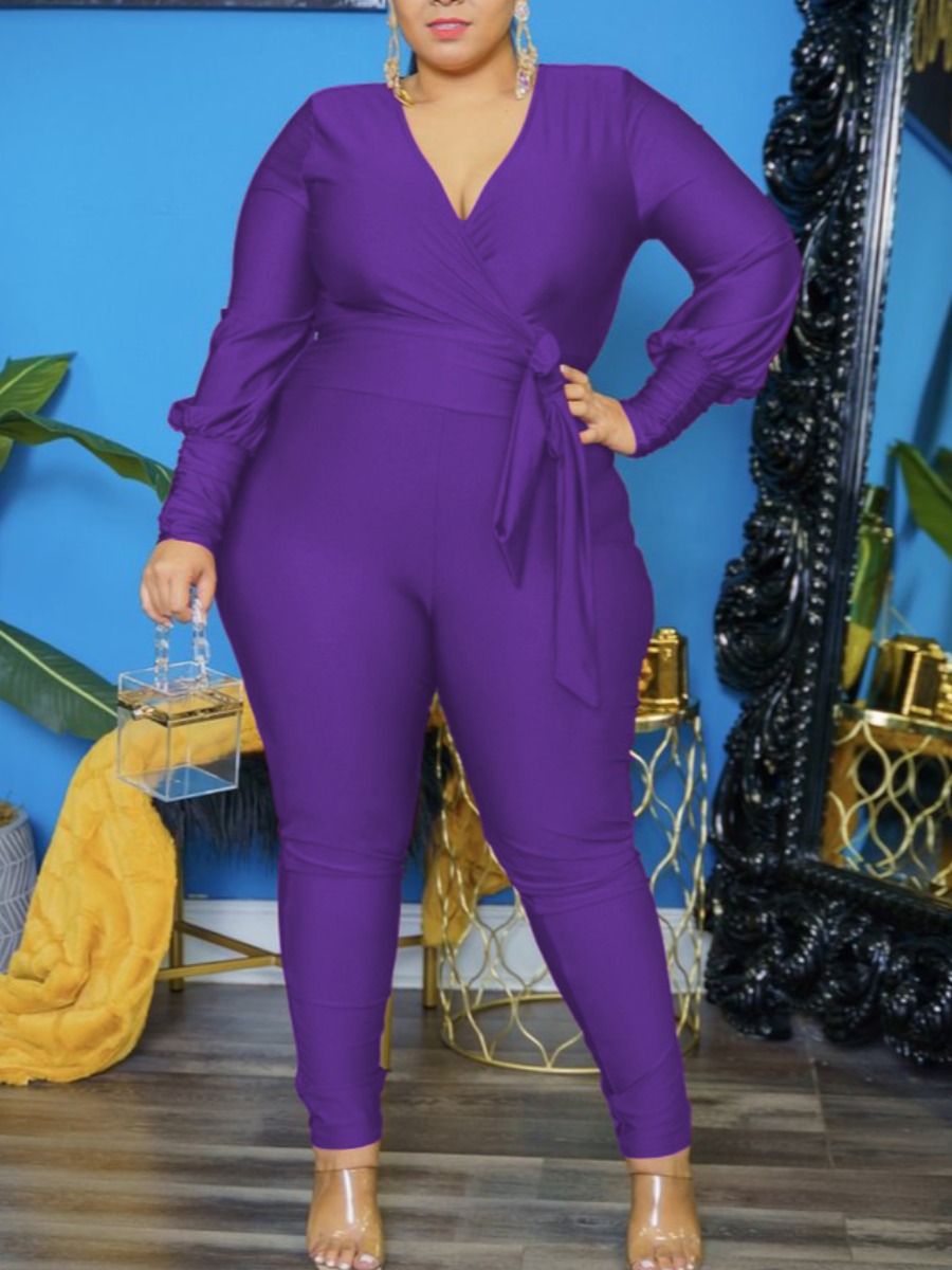 

LW Plus Size V Neck Bandage Design Jumpsuit, Purple