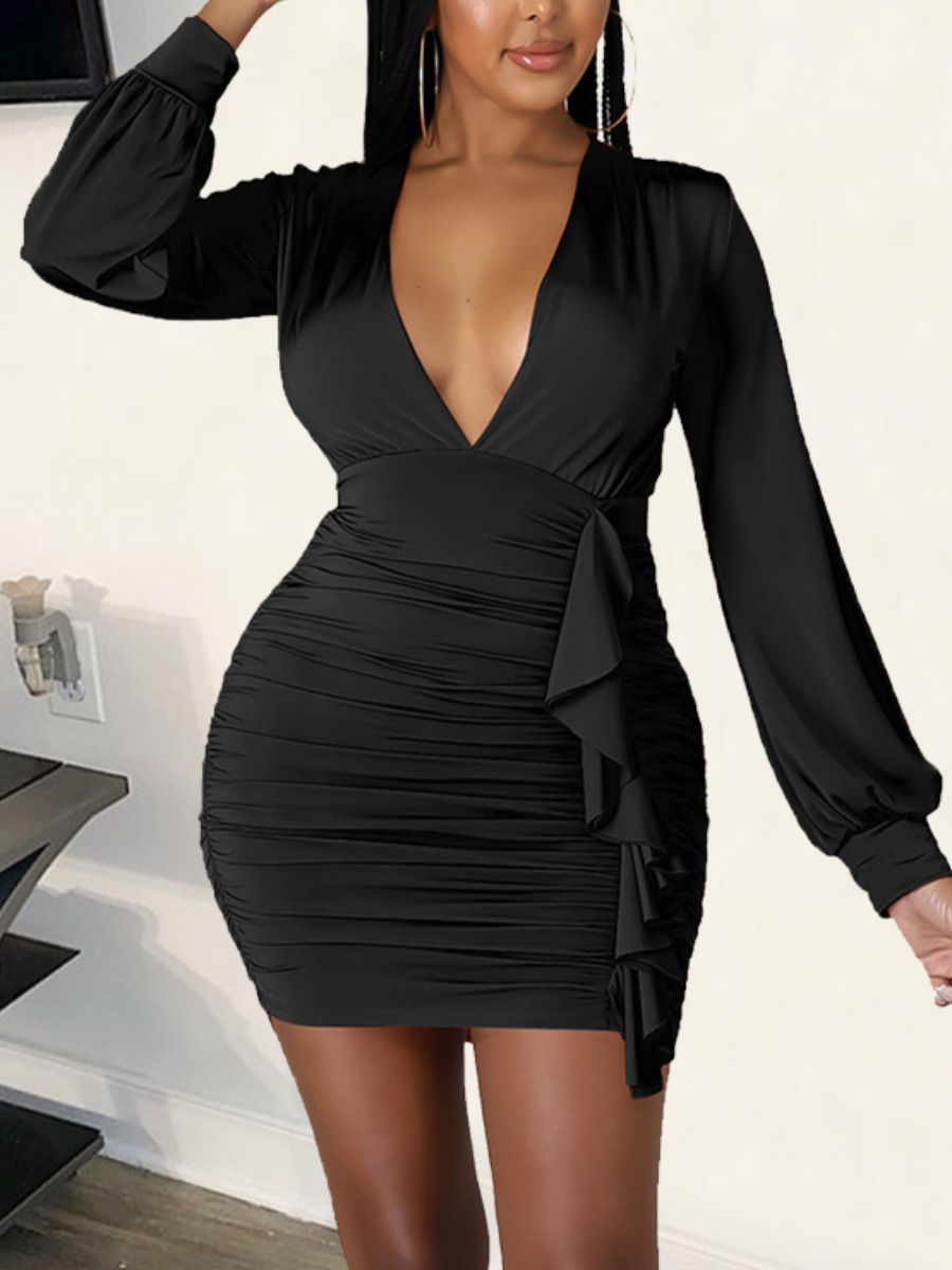 

LW SXY Ruched Flounce Design Bodycon Dress, Black