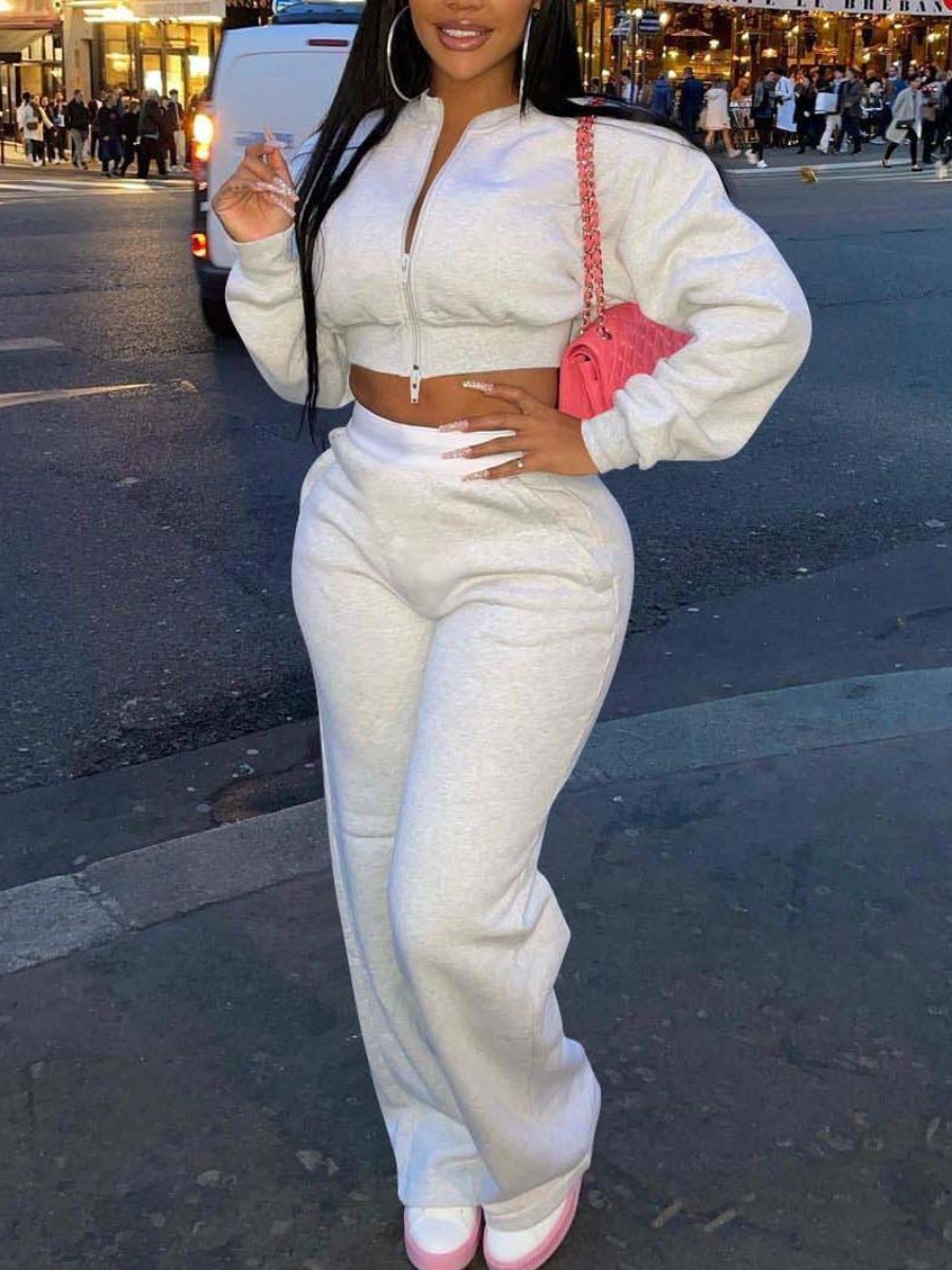 

LW Crop Top Zipper Design Tracksuit Set, Light grey