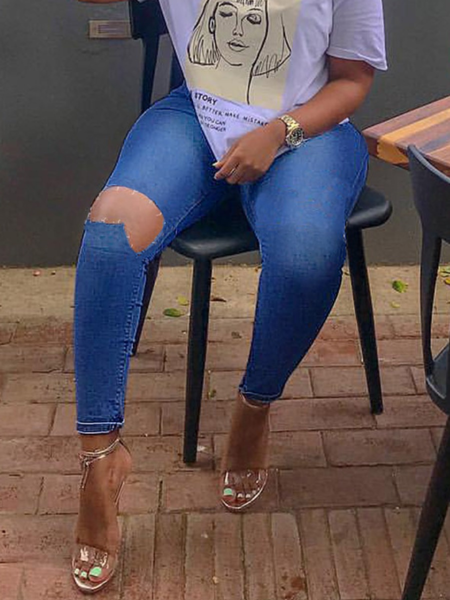 

LW Mid Waist Ripped Jeans, Blue