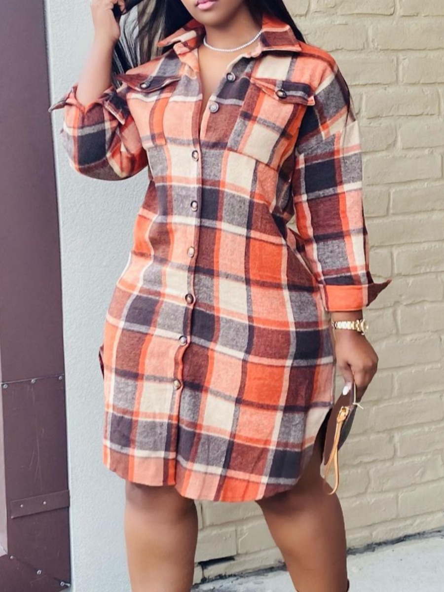 

LW Plaid Button Up Pocket Design Shirt Dress, Jacinth