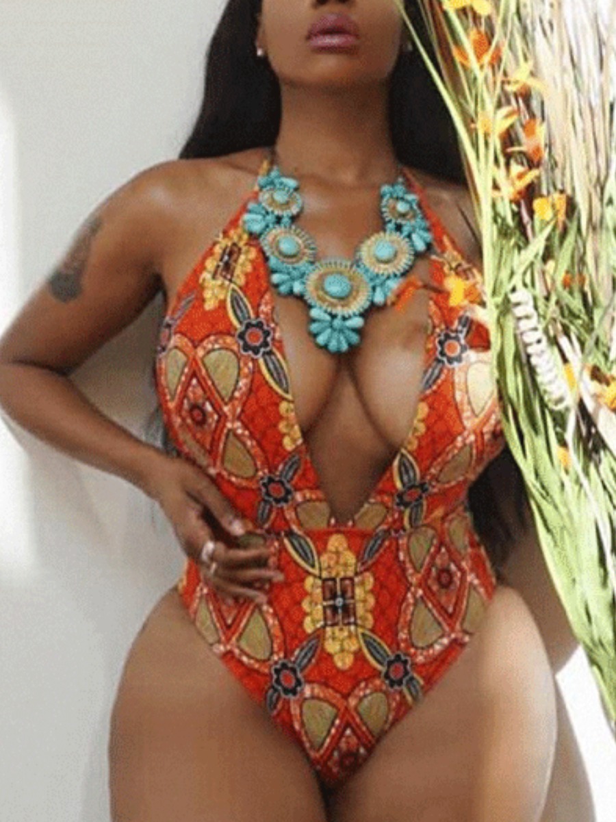 

LW Mixed Print Backless One-piece Swimsuit, Red