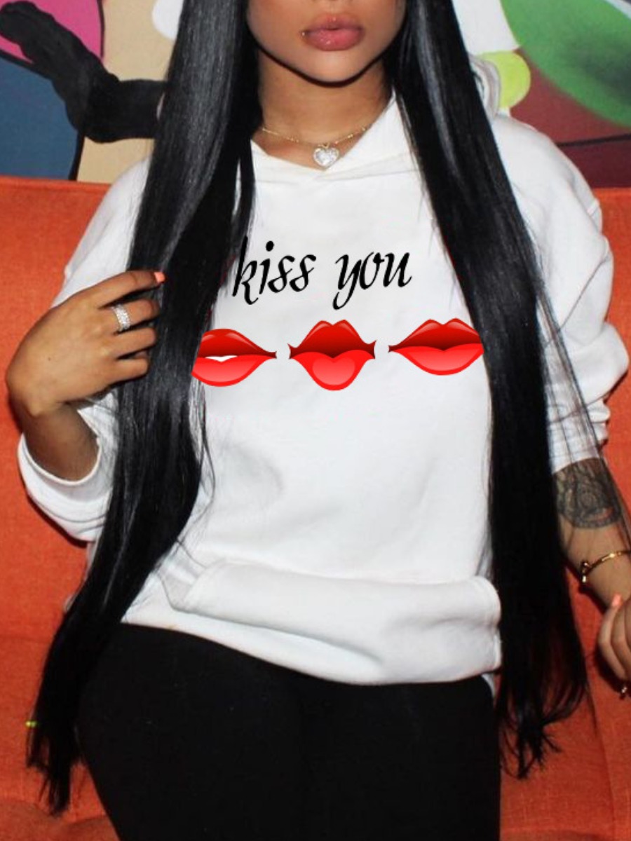 

LW Lip Letter Print Hoodie, White
