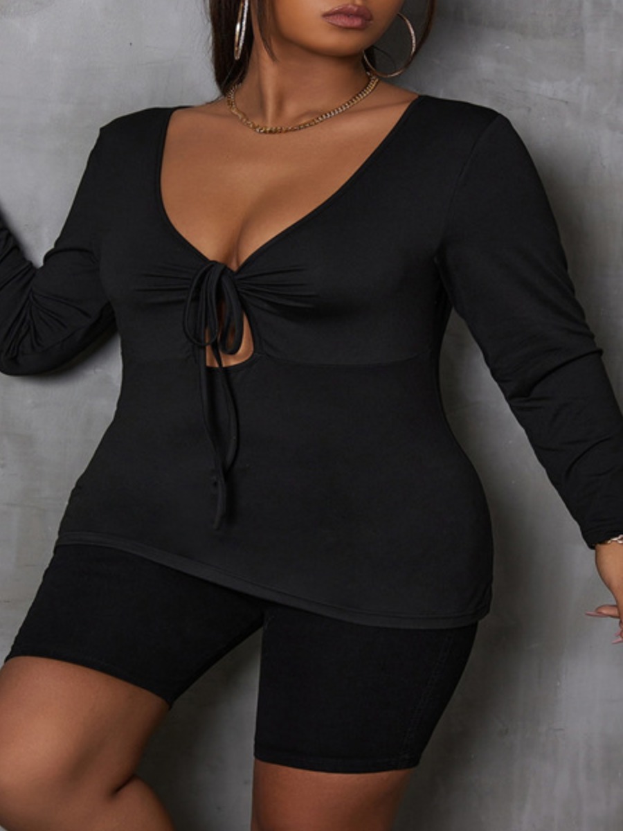 

LW Plus Size Bandage Hollow-out Design T-shirt, Black