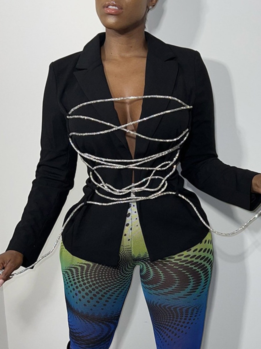 

LW Lapel Collar Drawstring Blazer Pants Set, Black
