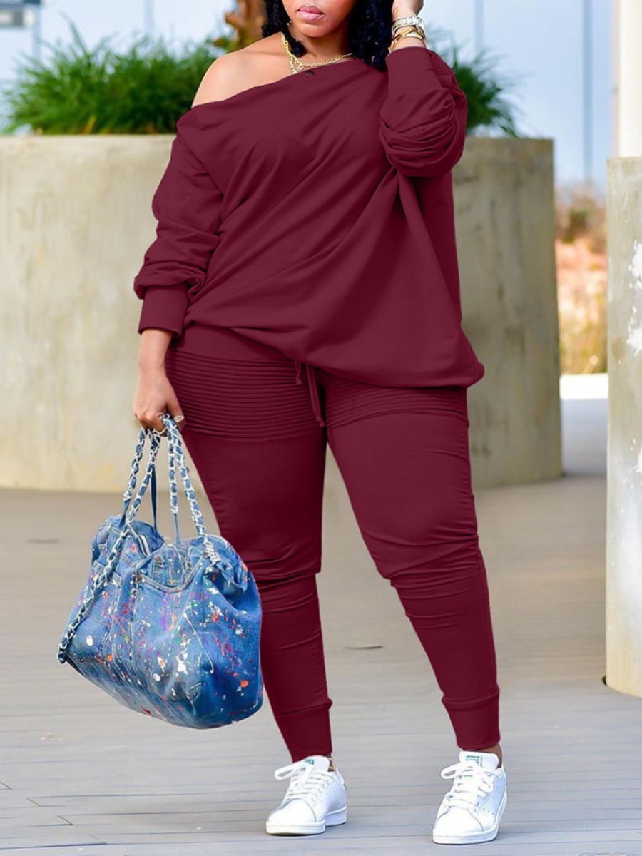 

LW Plus Size Boat Neck Drawstring Loose Pants Set, Wine red