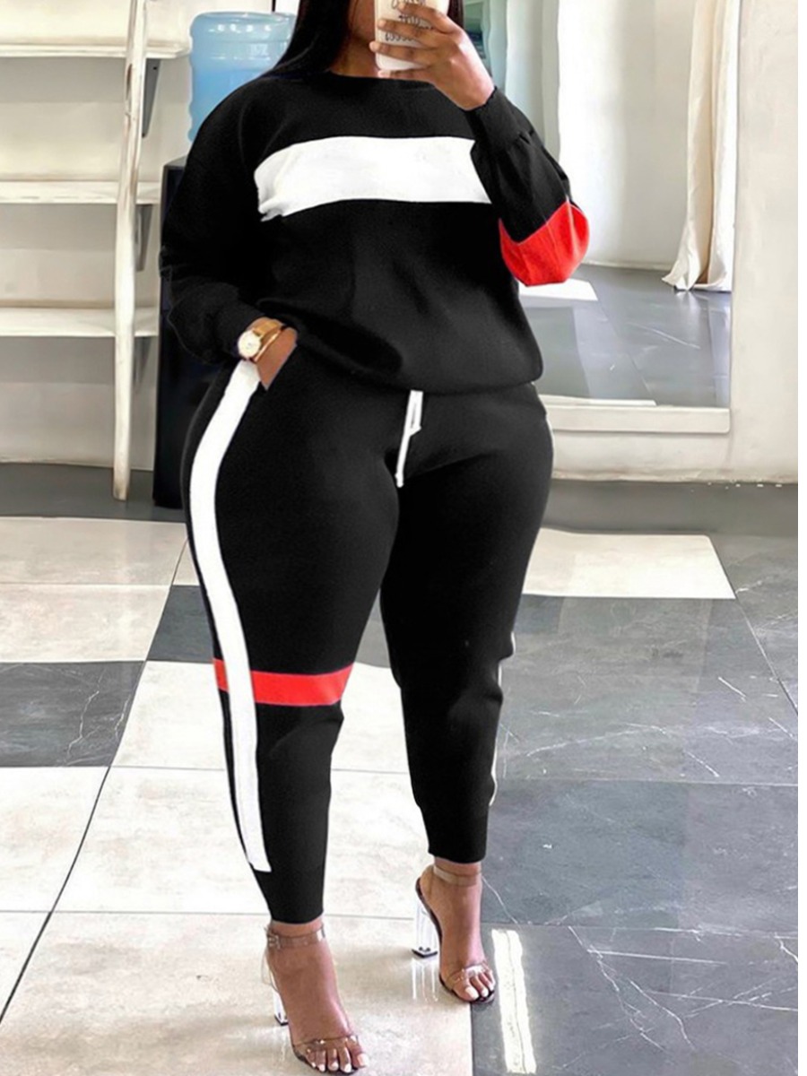 

LW Plus Size Drawstring Patchwork Tracksuit Set, Black