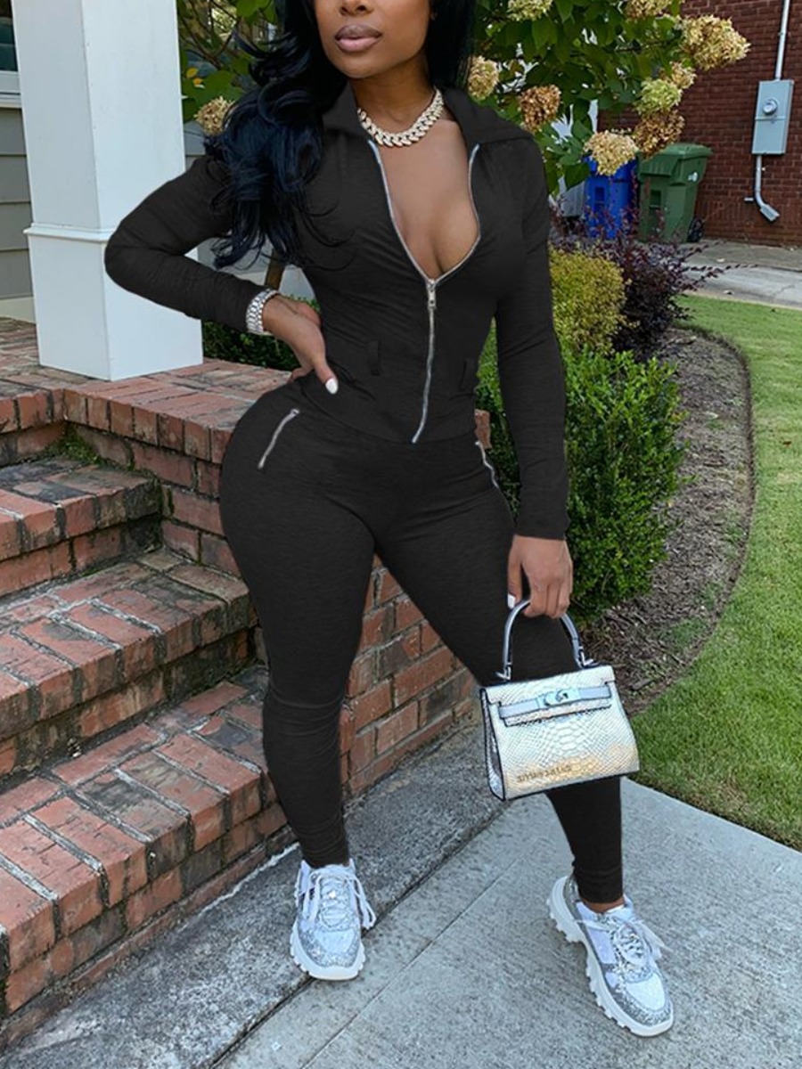

LW Hooded Collar Zipper Design Tracksuit Set, Black