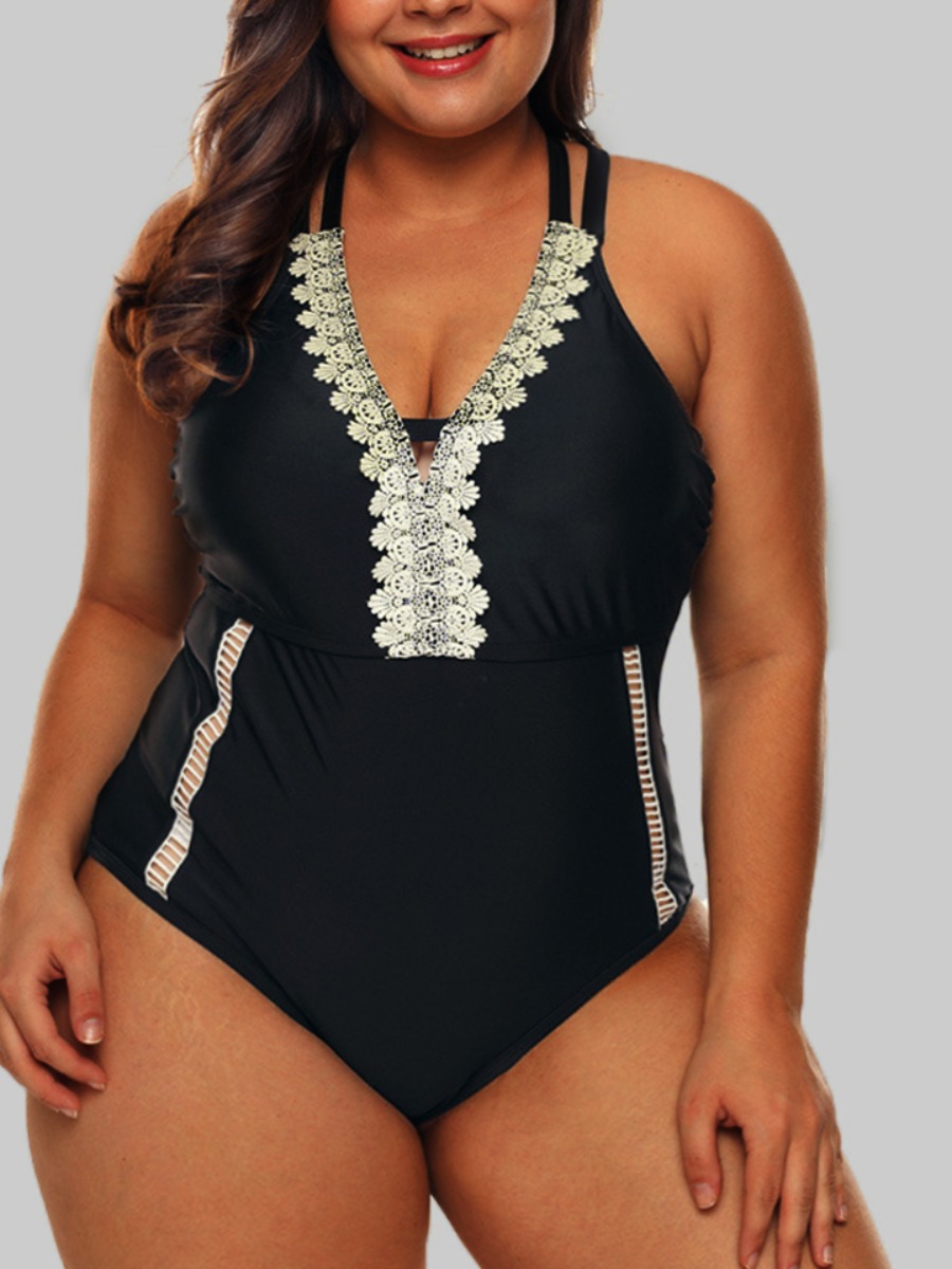

LW Plus Size Criss Cross Tie Back One-piece Swimsuit, Black