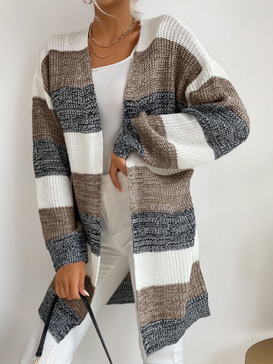

LW Dropped Shoulder Striped Cardigan, Coffee