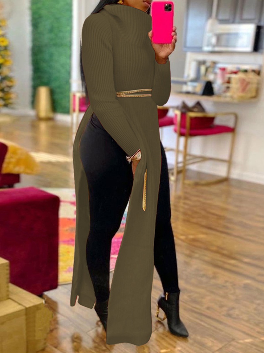 

LW SXY Plus Size Rib-Knit Split Sweater, Army green