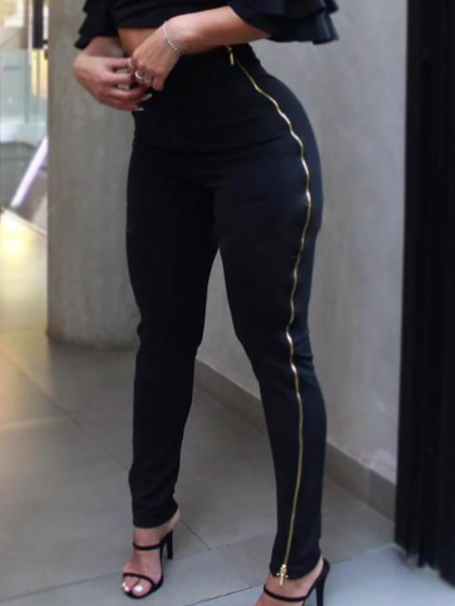 

LW Mid Waist Side Zip Basic Solid Pants, Black